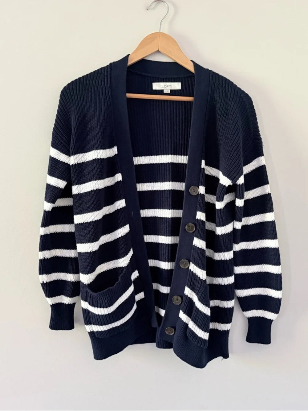 LOFT Navy‎ & White Striped Cotton Cardigan Button Front Preppy Knit Sweater M